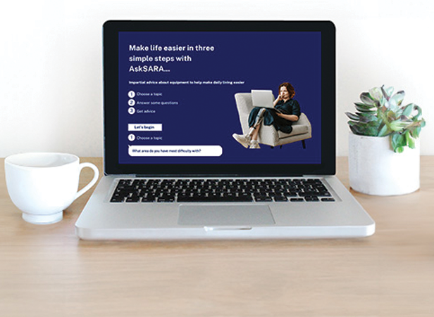A silver laptop is sitting on an light oak desk next to a white mug of coffee and a potted plant. On the screen is the AskSARA website which says you can make your life simpler in 3 steps.